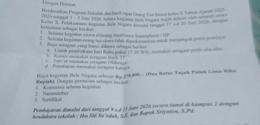 Wali Murid SMKS YP 17 Cilegon Keluhkan Surat Edaran Kegiatan Bela Negara Biaya Rp275 Ribu: “Wajib Ikut, Kalau Tidak Tahun Depan Diulang